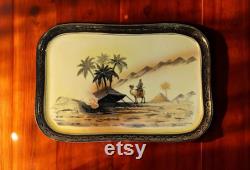 Antique Ca 1920's Royal Epiag Porcelain Dresser Set with Tray Hand Painted Nomadic Bedouin on Camel Egyptian Motif with Three powder Boxes