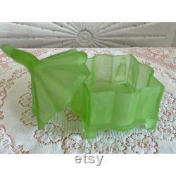 Antique California Perfume Peaked Penguins Powder Jar Green Satin Uranium Glass