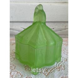 Antique California Perfume Peaked Penguins Powder Jar Green Satin Uranium Glass