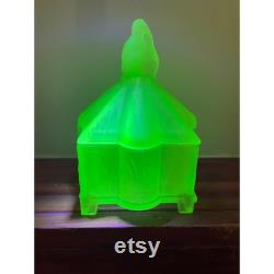 Antique California Perfume Peaked Penguins Powder Jar Green Satin Uranium Glass