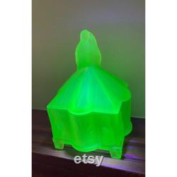 Antique California Perfume Peaked Penguins Powder Jar Green Satin Uranium Glass