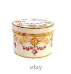 Antique Cauldon England Trinket Box Powder Jar Hand Painted Victorian Vintage Pink Roses Vanity Shabby Cottage Boudoir