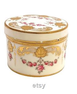 Antique Cauldon England Trinket Box Powder Jar Hand Painted Victorian Vintage Pink Roses Vanity Shabby Cottage Boudoir