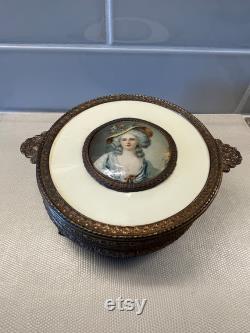 Antique Celluloid Woman Miniature Portrait Candy Dish Powder Dresser Vanity or Jewelry Box