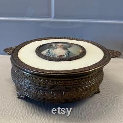 Antique Celluloid Woman Miniature Portrait Candy Dish Powder Dresser Vanity or Jewelry Box