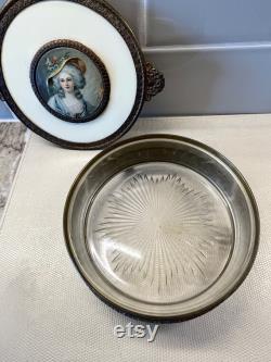 Antique Celluloid Woman Miniature Portrait Candy Dish Powder Dresser Vanity or Jewelry Box