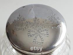 Antique Charles Perry 1923 Sterling Silver and Glass Large Powder Jar With Floral Ribbon Pattern