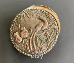 Antique Chinese Mirrored Powder or Trinket Box With Bird silver copper metal