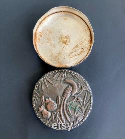 Antique Chinese Mirrored Powder or Trinket Box With Bird silver copper metal