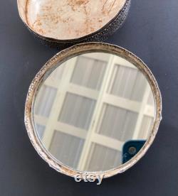 Antique Chinese Mirrored Powder or Trinket Box With Bird silver copper metal