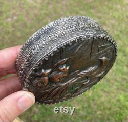 Antique Chinese Mirrored Powder or Trinket Box With Bird silver copper metal