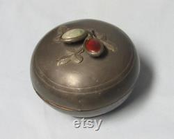 Antique Chinese Pewter Dish with Jade and Carnelian on Lid Trinket Vanity Powder Box Round circa early 1900s