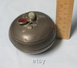 Antique Chinese Pewter Dish with Jade and Carnelian on Lid Trinket Vanity Powder Box Round circa early 1900s