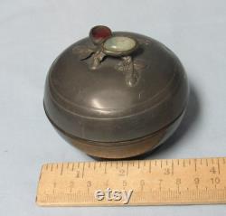 Antique Chinese Pewter Dish with Jade and Carnelian on Lid Trinket Vanity Powder Box Round circa early 1900s