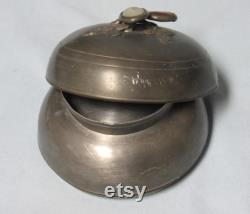 Antique Chinese Pewter Dish with Jade and Carnelian on Lid Trinket Vanity Powder Box Round circa early 1900s