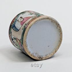 Antique Chinese Round Porcelain Famille Rose Medallion Dressing Jar Trinket Jewelry Cylinder Box 1800's (2 1 8 dia. x 2 high)