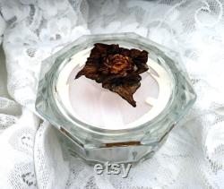 Antique Clear Glass ladies Powder Jar 1920s Art Deco Painted Rose and Leaves Pattern on top Hand Painted Octagonal Beveled Top Vanity Table