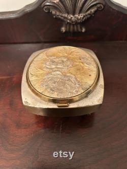 Antique Cosmetic Loose Powder Footed Music Box Floral Mirror and Powder Puff