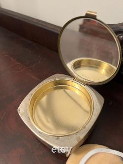 Antique Cosmetic Loose Powder Footed Music Box Floral Mirror and Powder Puff