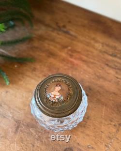 Antique Crystal Glass Powder Jar with Portrait Lid
