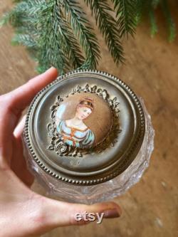Antique Crystal Glass Powder Jar with Portrait Lid