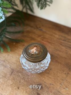Antique Crystal Glass Powder Jar with Portrait Lid