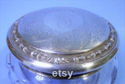 Antique Crystal and STERLING POWDER JAR Webster Silver Lid with T Monogram Floral