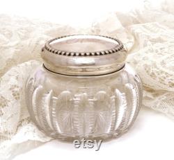 Antique Crystal and Sterling Dresser Jar, Edwardian Powder Box, Cut Glass with Simons Brothers Sterling Top, Engraved Initial M or W, Romantic