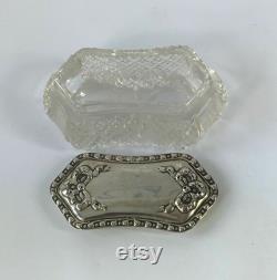 Antique Cut Crystal Glass Pin Box With Silver Lid. Hallmarked Chester 1906