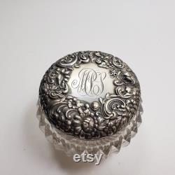 Antique Cut Crystal Jar With Decorative Floral Design Sterling Silver Lid