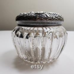 Antique Cut Crystal Jar With Decorative Floral Design Sterling Silver Lid