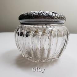 Antique Cut Crystal Jar With Decorative Floral Design Sterling Silver Lid