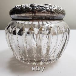 Antique Cut Crystal Jar With Decorative Floral Design Sterling Silver Lid