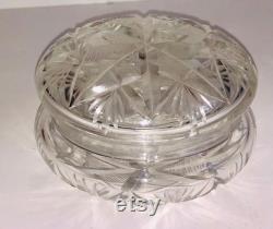 Antique Cut Crystal Powder Jar Trinket Dish Covered Stash Jar Elegant Vanity Dresser Display Brilliant Glass Boudoir Small Jewelry Box