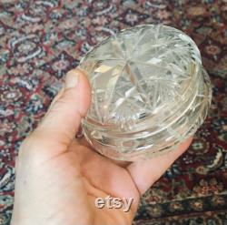 Antique Cut Crystal Powder Jar Trinket Dish Covered Stash Jar Elegant Vanity Dresser Display Brilliant Glass Boudoir Small Jewelry Box