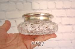 Antique Cut Crystal Powder Jar with Sterling Silver Lid Vintage Vanity Decor