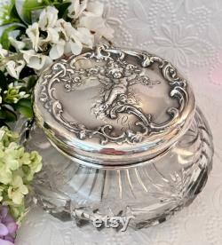 Antique Cut Glass Powder Jar Sterling Lid with Cherub, Shreve and Co Art Nouveau Sterling Dresser Jar with Cherub and G Monogram