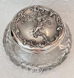 Antique Cut Glass Powder Jar Sterling Lid with Cherub, Shreve and Co Art Nouveau Sterling Dresser Jar with Cherub and G Monogram