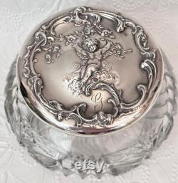 Antique Cut Glass Powder Jar Sterling Lid with Cherub, Shreve and Co Art Nouveau Sterling Dresser Jar with Cherub and G Monogram