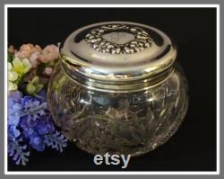 Antique Cut Glass Powder Jar with Floral Silver Lid and Monogram, Vanity Dresser Jar Dressing Table Jar Vanity Decor, Monogrammed Powder Jar