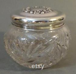 Antique Cut Glass Powder Jar with Floral Silver Lid and Monogram, Vanity Dresser Jar Dressing Table Jar Vanity Decor, Monogrammed Powder Jar