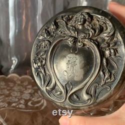 Antique Cut Glass Powder Jar with Repouse Lid Featuring an Art Nouveau Woman