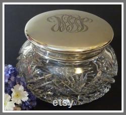 Antique Cut Glass Powder Jar with Sterling Monogram Lid, Dressing Table Jar and Art Nouveau Monogram Silver Lid, Sterling Powder Dresser Jar