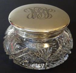 Antique Cut Glass Powder Jar with Sterling Monogram Lid, Dressing Table Jar and Art Nouveau Monogram Silver Lid, Sterling Powder Dresser Jar