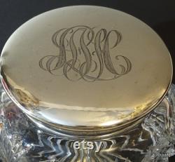 Antique Cut Glass Powder Jar with Sterling Monogram Lid, Dressing Table Jar and Art Nouveau Monogram Silver Lid, Sterling Powder Dresser Jar