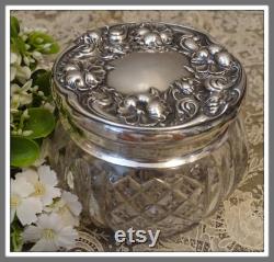 Antique Cut Glass Powder Jar with Sterling Silver Lid, Art Nouveau Vanity Jar, Dressing Table Jar, Vanity Decor, Powder Jar