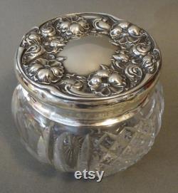 Antique Cut Glass Powder Jar with Sterling Silver Lid, Art Nouveau Vanity Jar, Dressing Table Jar, Vanity Decor, Powder Jar