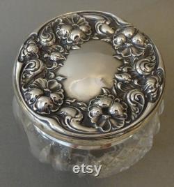 Antique Cut Glass Powder Jar with Sterling Silver Lid and Flowers, Art Nouveau Vanity Jar, Dressing Table Jar, Vanity Decor, Powder Jar