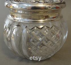 Antique Cut Glass Powder Jar with Sterling Silver Lid and Flowers, Art Nouveau Vanity Jar, Dressing Table Jar, Vanity Decor, Powder Jar