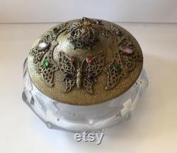 Antique Czech Glass Crystal Jeweled Rare Butterflies Gold Ormolu Filigree Powder Jar 5 Diameter